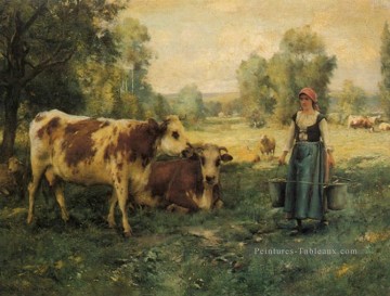  vaches - Une laitière avec des vaches et des moutons Vie rurale réalisme Julien Dupre